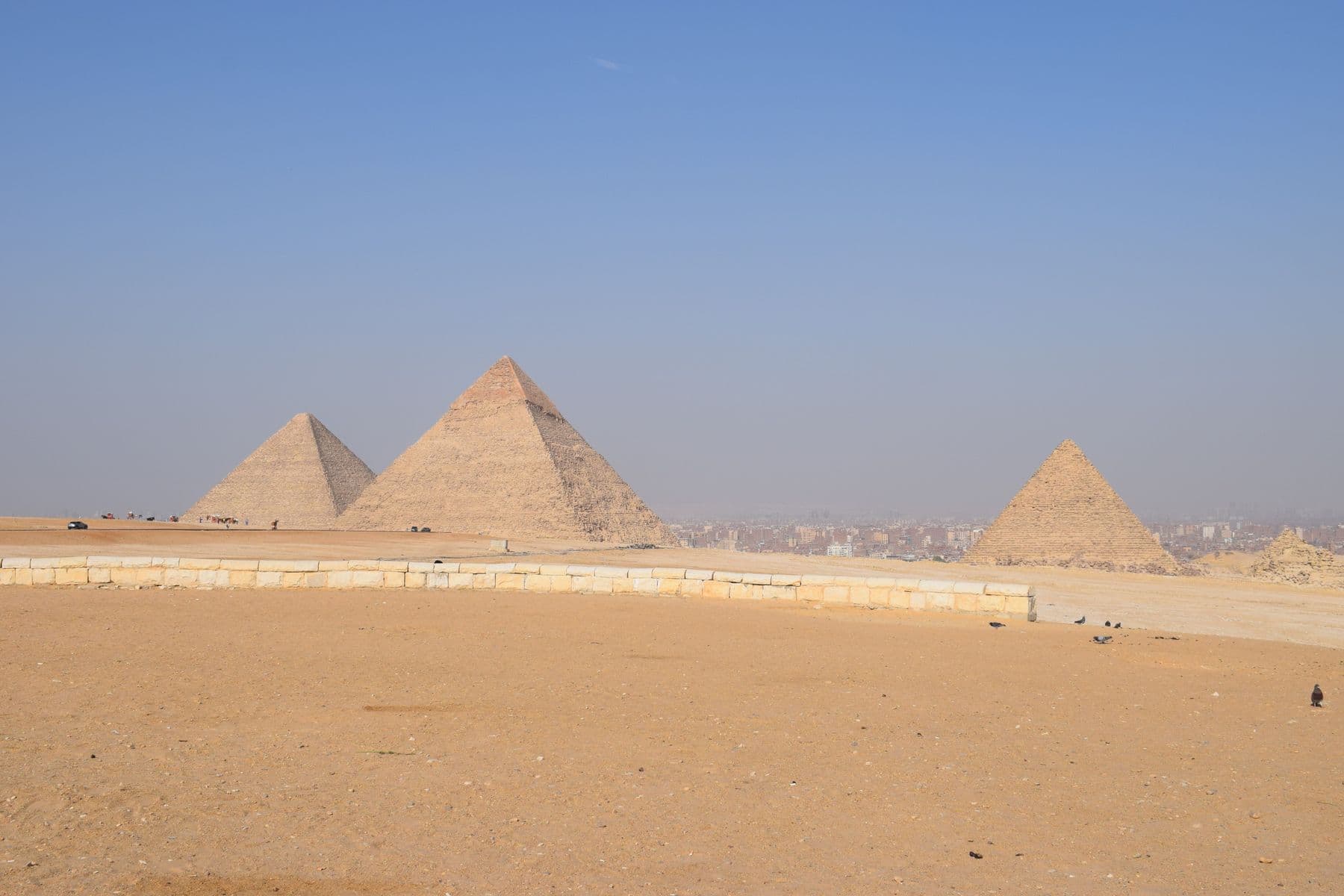 The Pyramids of Giza standing on the desert plateau under a clear sky.