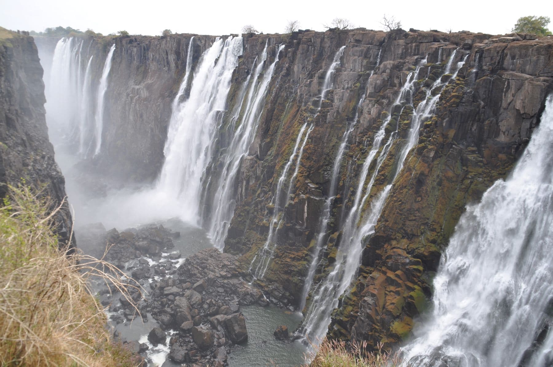 Victoria Falls pouring over the lip of the gorge, spray rising from below.
