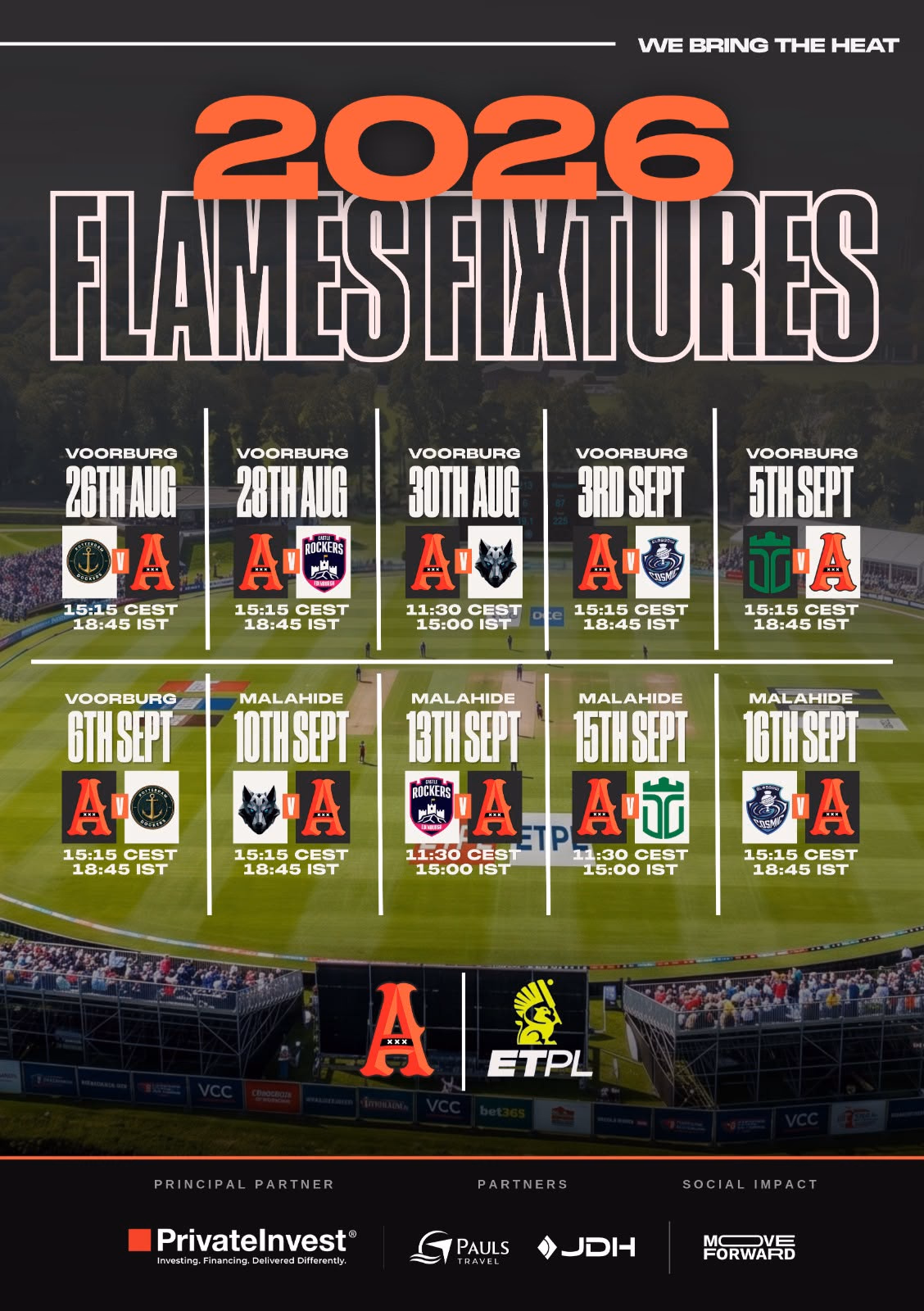 Amsterdam Flames 2026 fixtures. Five matches at Voorburg — 26 and 28 August, 30 August, 3, 5 and 6 September — then five at Malahide on 10, 13, 15 and 16 September. Most start 15:15 CEST / 18:45 IST, with three at 11:30 CEST / 15:00 IST.