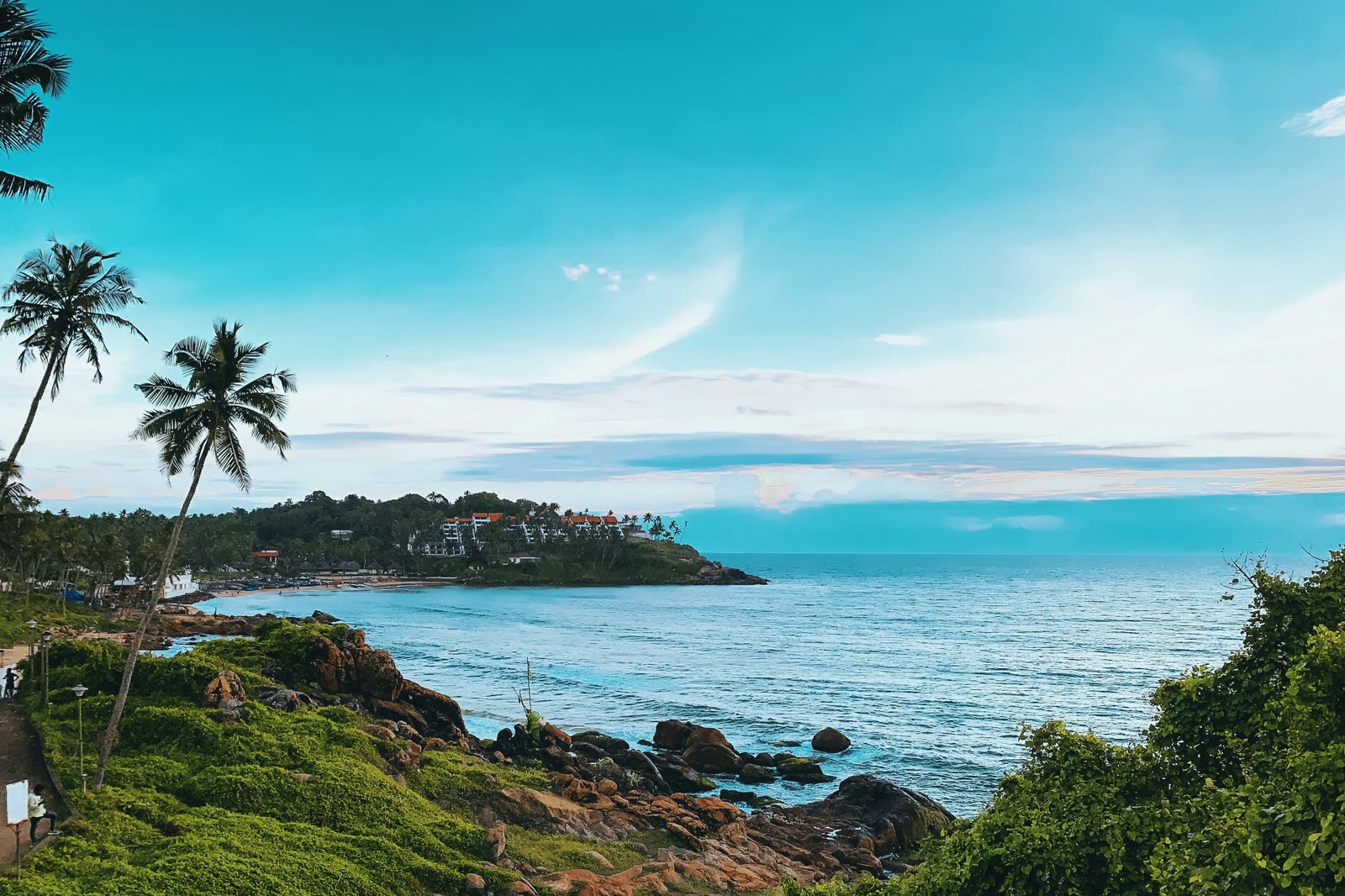 A palm-lined tropical coastline with rocky headlands meeting a turquoise sea.
