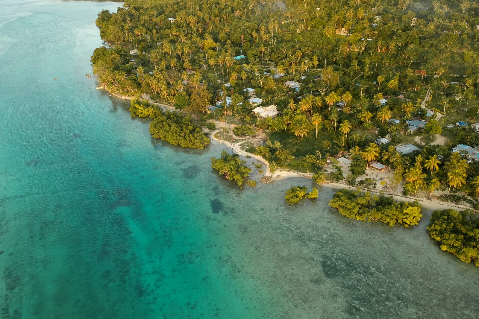 A Vanuatu village shoreline seen from above, palms and homes along a shallow reef.